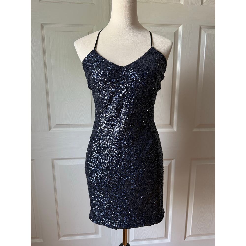 Bardot Viva Sequin Mini Dress NWT Midnight Blue Party Dress Cross‎ Back US 4 XS